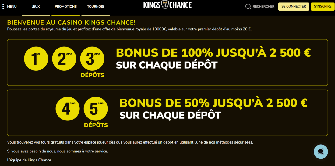 Offres de bonus disponibles sur Kings Chance Casino