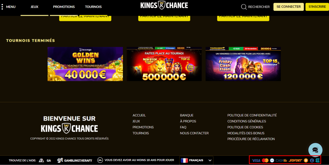 Options de dépôt disponibles sur Kings Chance C