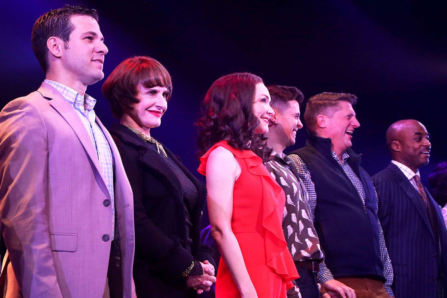 (L-R) Etai Benson, Patti LuPone, Katrina Lenk, Matt Doyle, Christopher Sieber and Terence Archie during the first preview re-opening performance of "Company" on Broadway at The Bernard Jacobs Theater on November 15, 2021 in New York City.