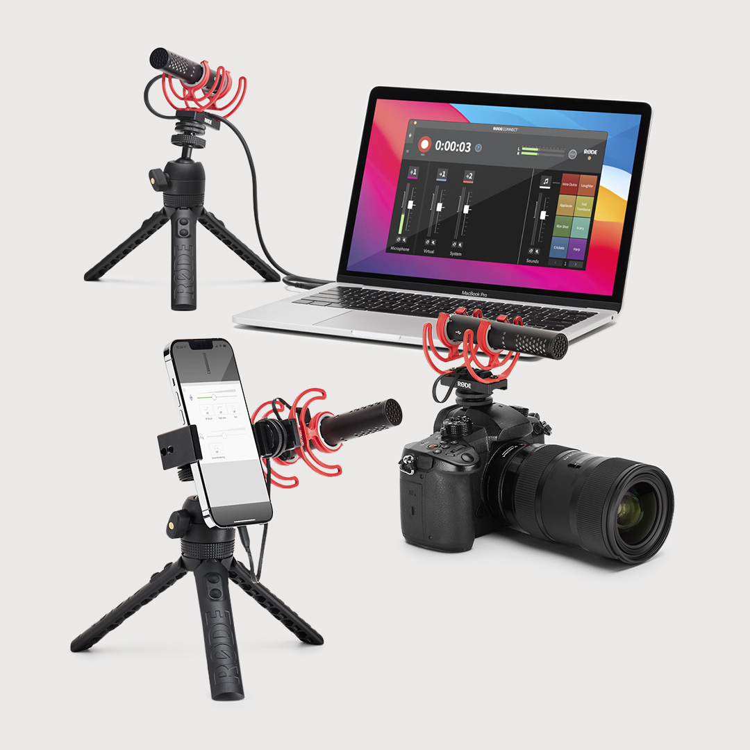 a camera, laptop, mobile phone all with videomic go ii