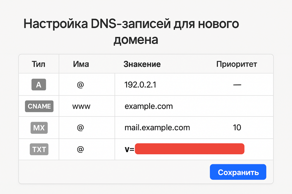 Настройка DNS-записей для нового домена